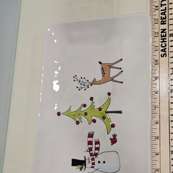 LANG Ceramic Rectangular Whimsy Winter Platter Hand Painted Christmas Snowman - Picture 9 of 11